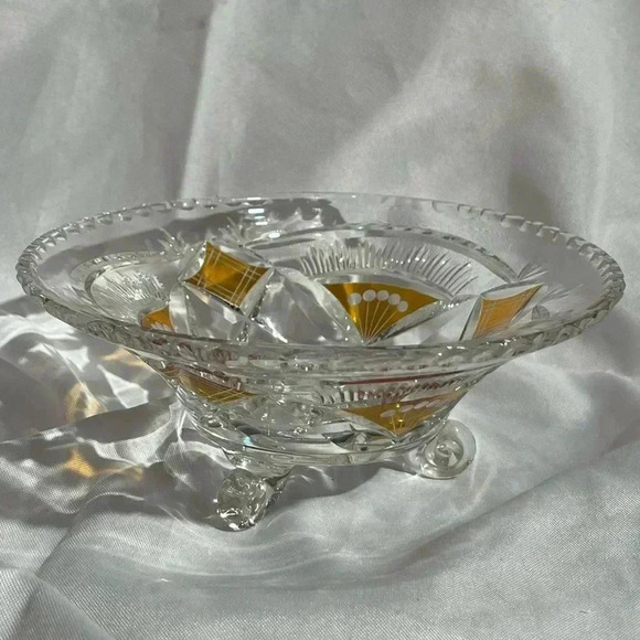 Vintage German Etched & Painted Scalloped Edged Crystal Footed Dish - Picture 2 of 5